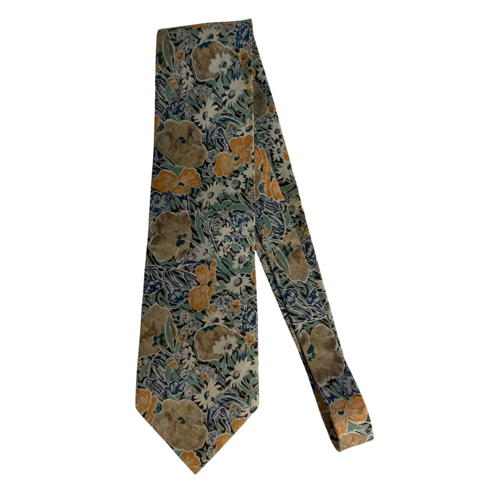 Liberty of London OS Necktie Floral Cotton Made in USA Tan Blue Orange Green